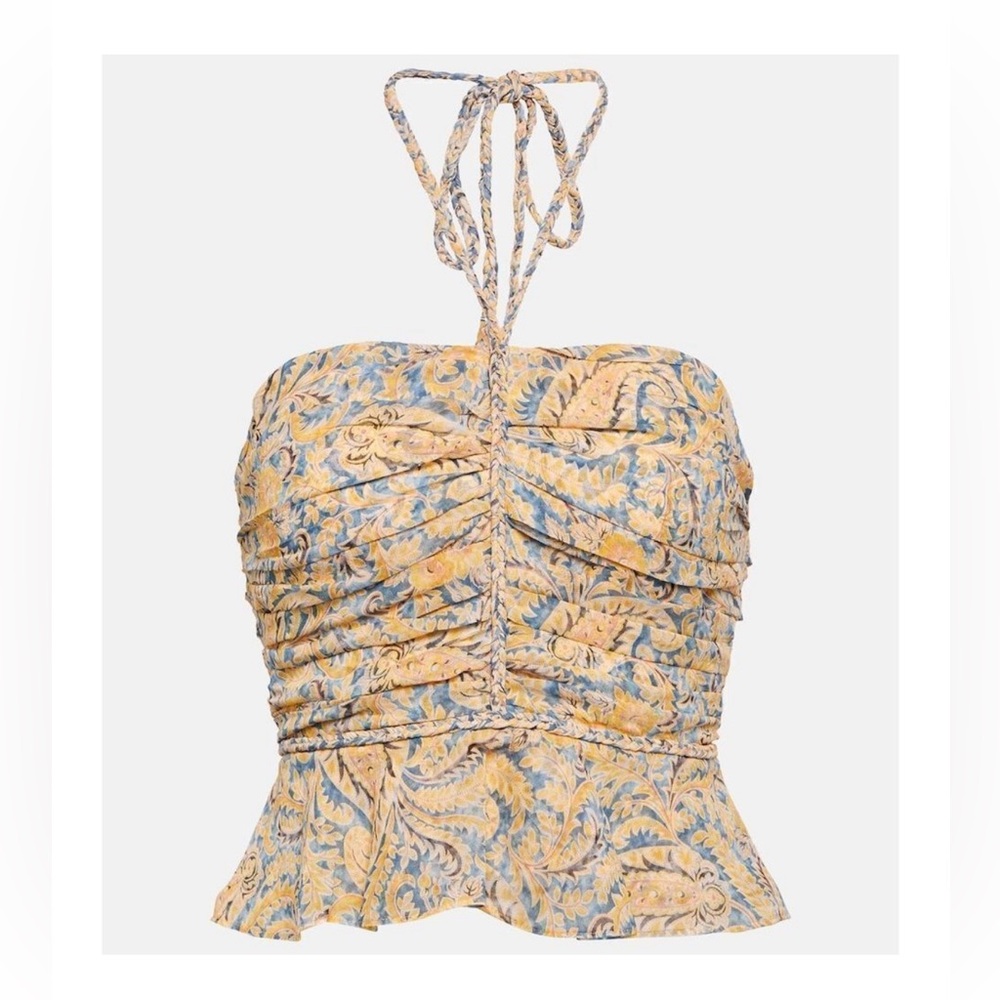 Veronica Beard Womens Arienne Yellow Blue Paisley Halter Top Sz 10 Peplum hem